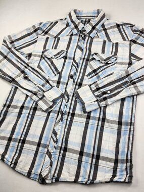 Reclaim Men's Large L Standard Fit Blue White Plaid Pearl Snap Western Shirt